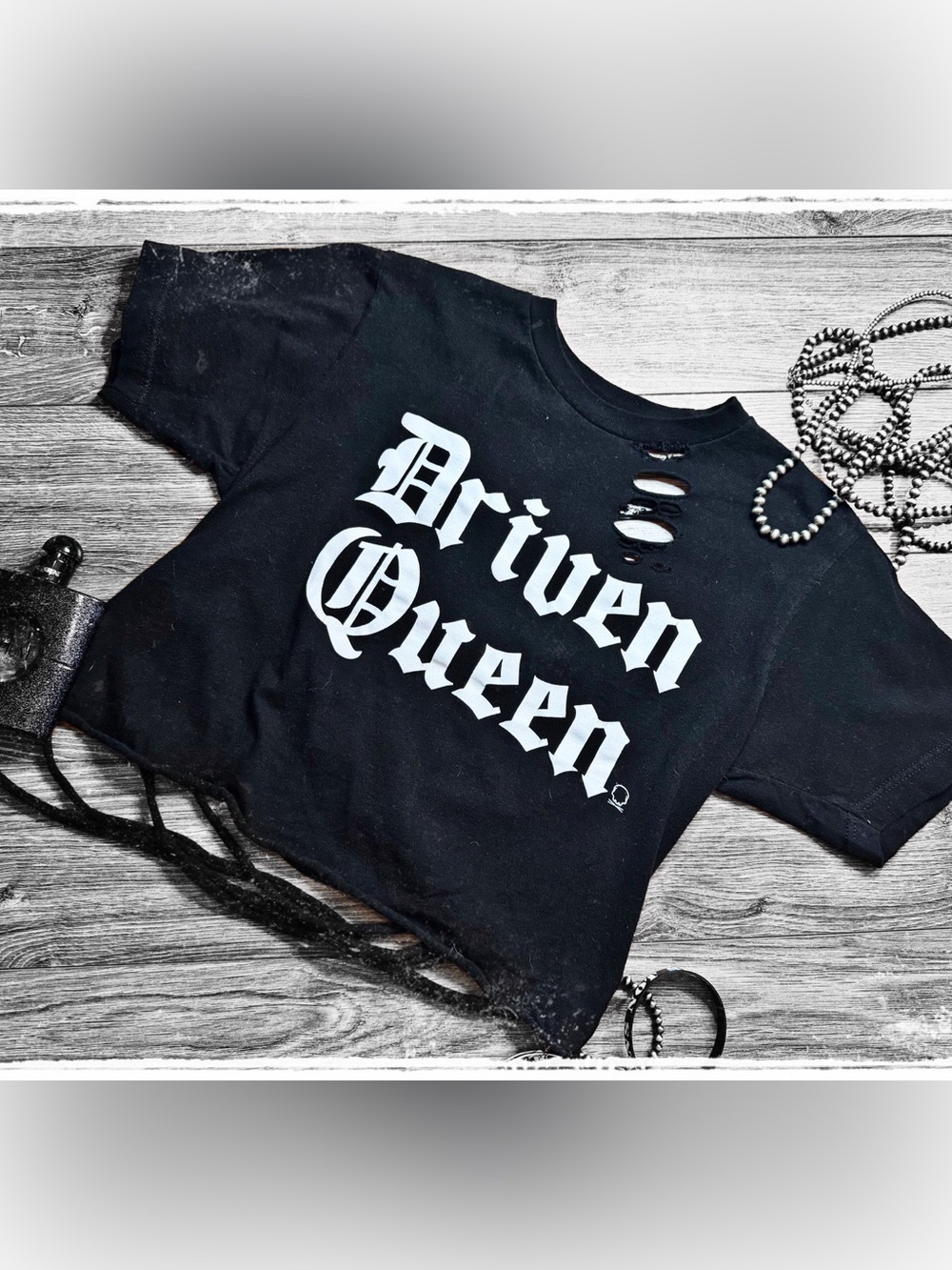 Driven Queen Black Distressed Cropped Tee